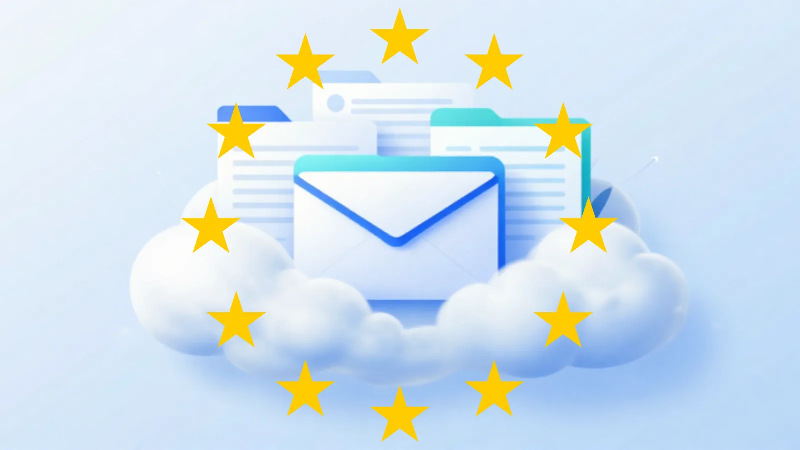 The circle of twelve gold stars from the European flag, ringing a white cloud that carries an envelope, documents and file folders